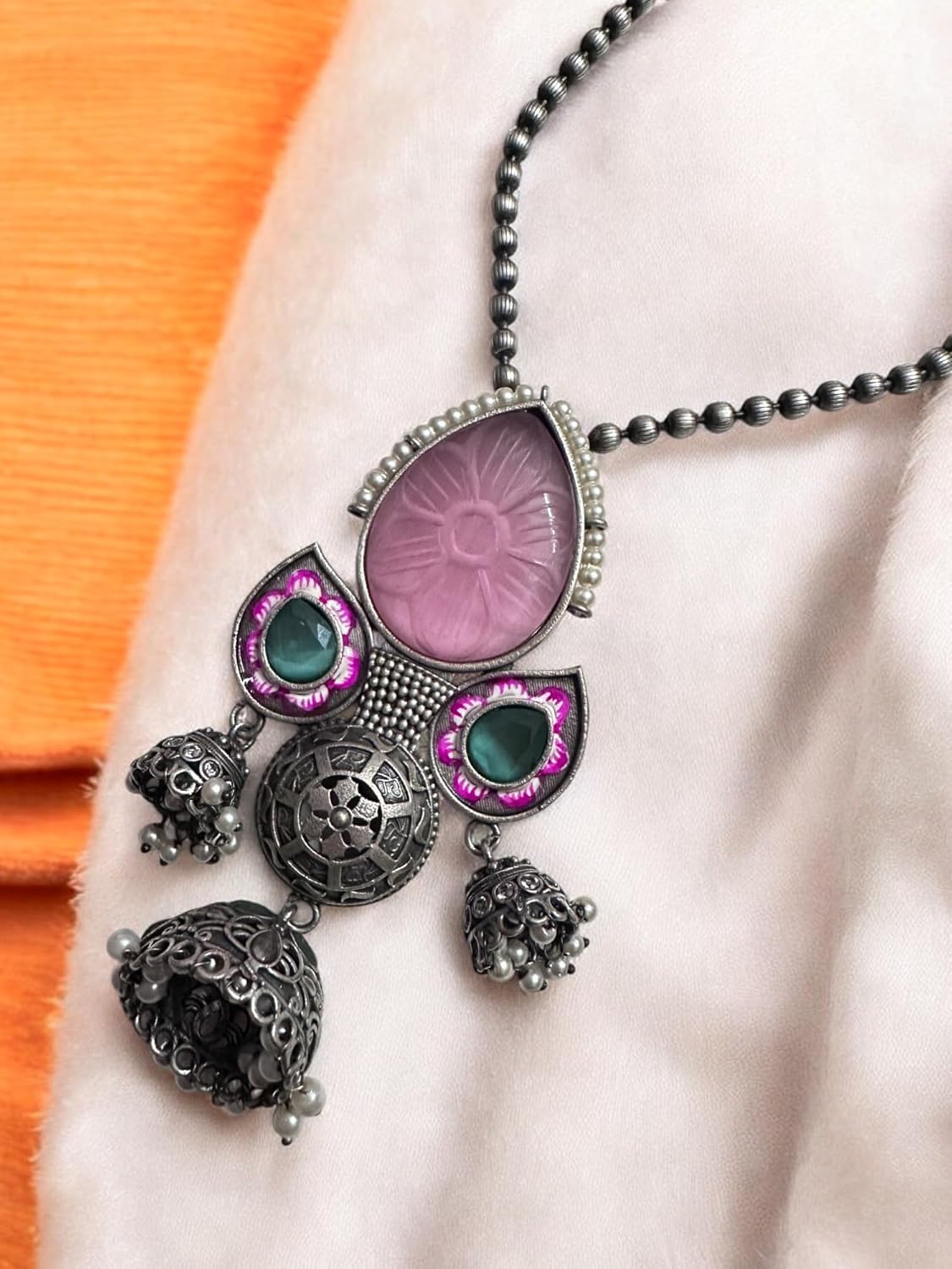 Vintage Style Pendant Necklace Set with Pink Stone and Green Accents, Oxidised Silver Jhumka Earrings, Antique Finish