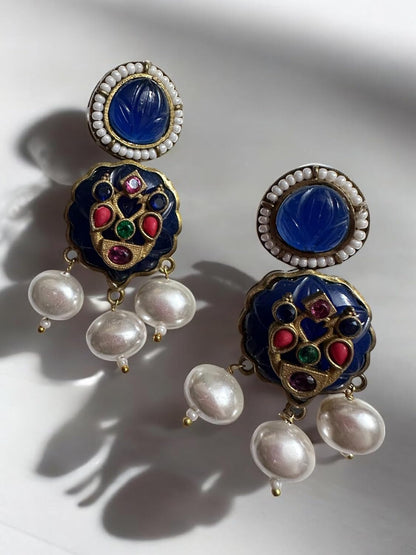 Vintage Style Jewellery Set, Navy Blue Enamel Pendant Necklace with Pearl Drops and Matching Earrings, Antique Bronze Finish
