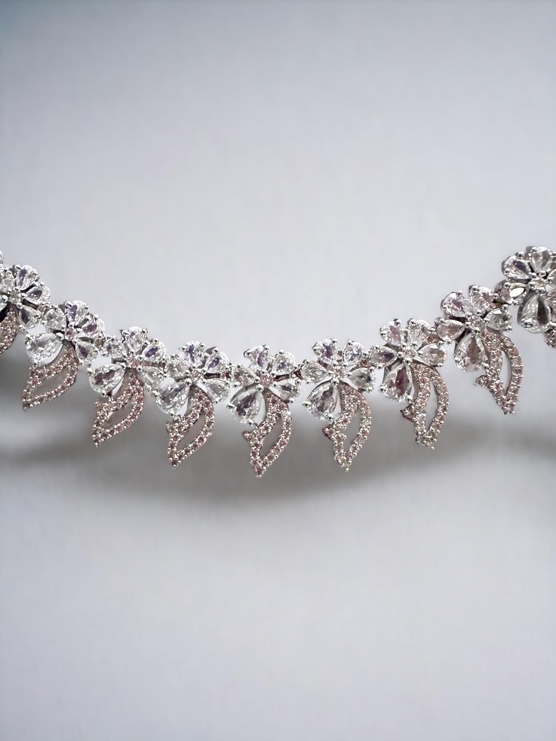 Cubic Zirconia Necklace Set with Leaf Design, 50 cm Chain, Silver Tone