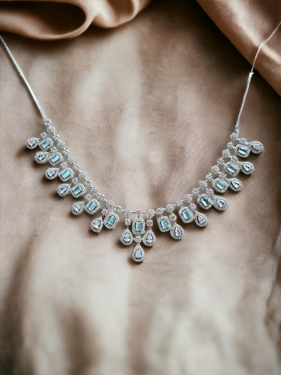 Elegant Aquamarine Gemstone Necklace Set, Rhodium Plated