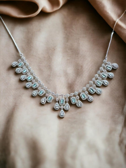 Elegant Aquamarine Gemstone Necklace Set, Rhodium Plated