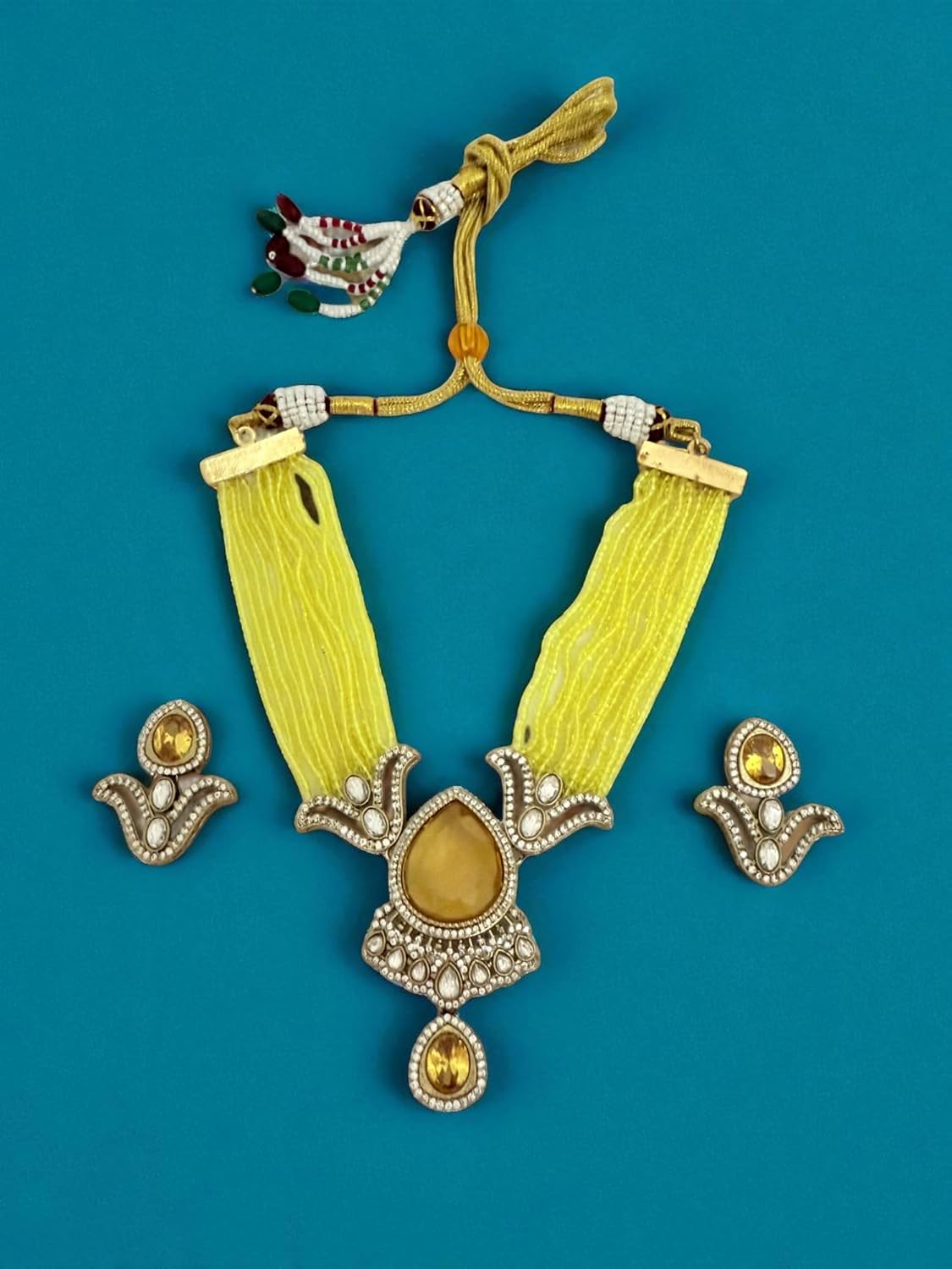 Rebekah Yellow beaded multistrand kundan necklace set with studded earrings