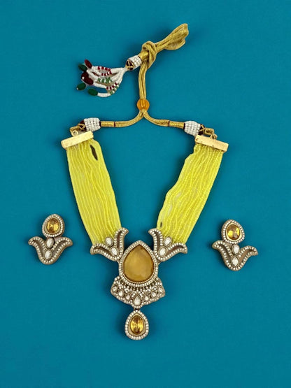 Rebekah Yellow beaded multistrand kundan necklace set with studded earrings