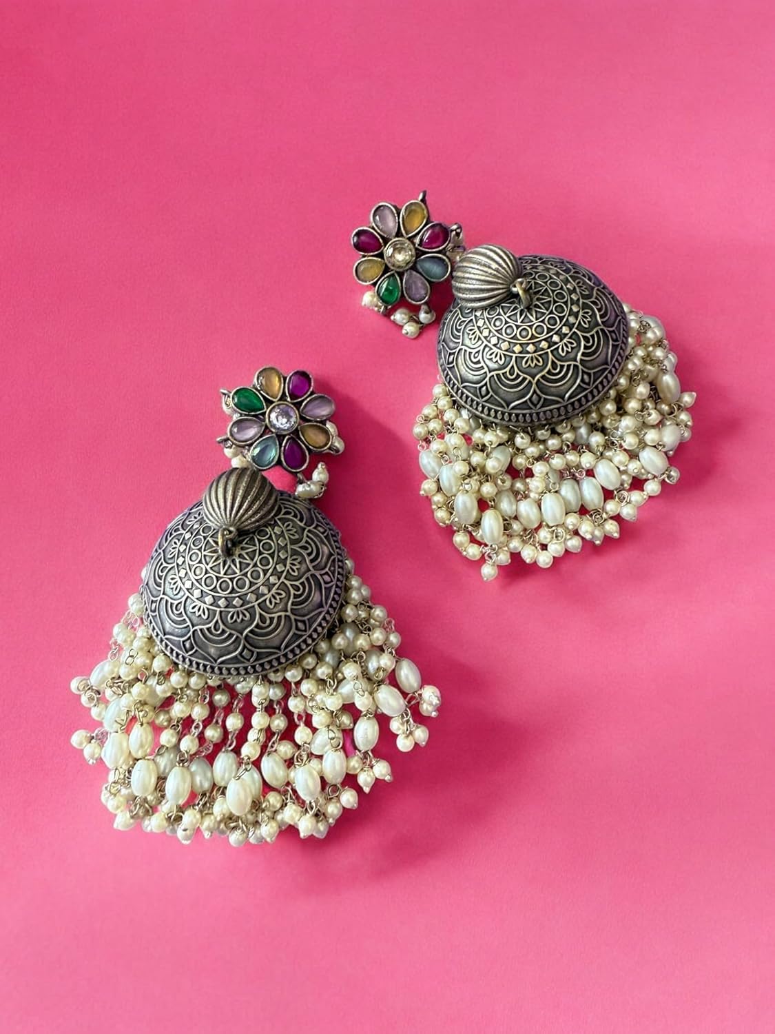 Multi Pearl Strands Dome Jhumka Earrings
