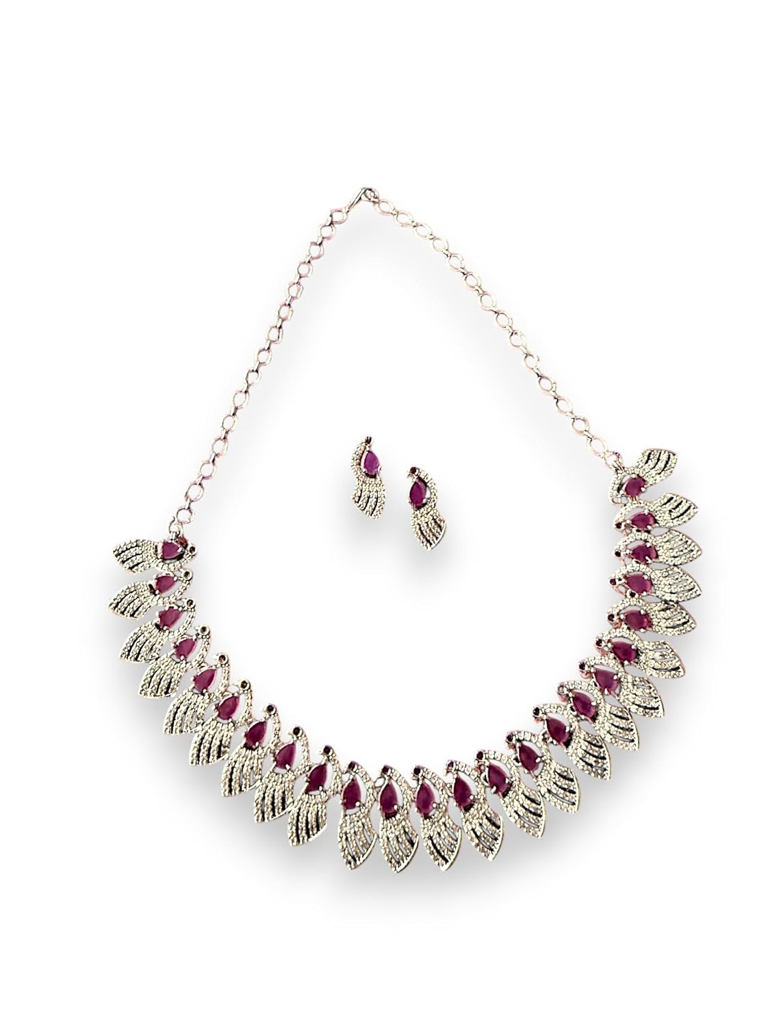 Rebekah Rhodium Plated Pink Cubic Zircon Studded Necklace Set
