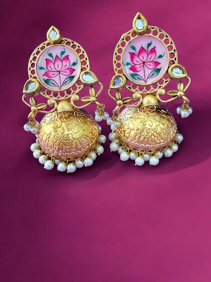Lotus Bloom Meenakari Jhumka Earrings with Kundan Detailing and Pearl Accents
