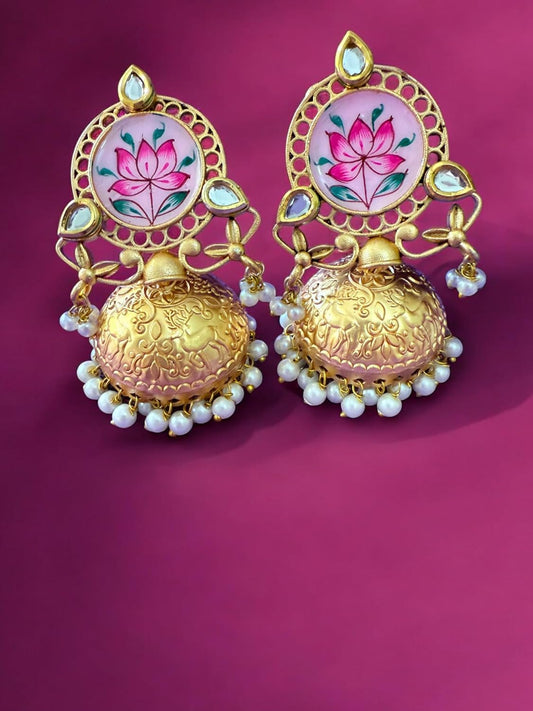 Lotus Bloom Meenakari Jhumka Earrings with Kundan Detailing and Pearl Accents