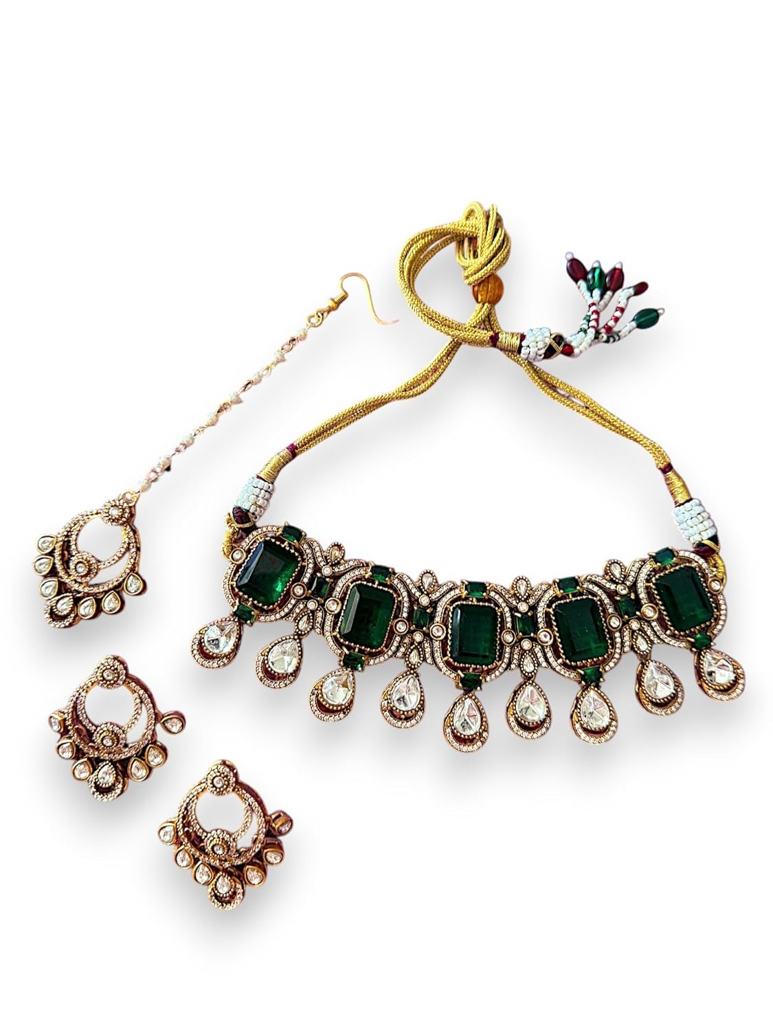 Rebekah Emerald Elegance Kundan Encrusted Bridal Choker Set with Maangtika