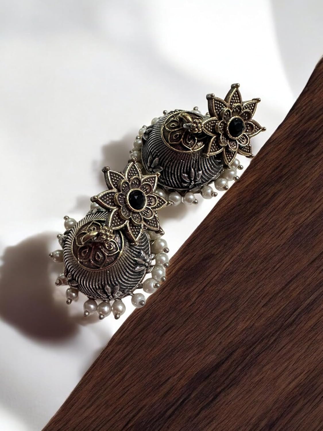 Vintage Style Pearl Necklace Set, Antique Bronze Pendant with Yellow Strings Traditional Jhumka Earrings