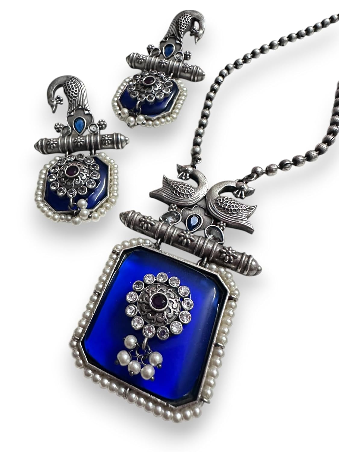 Vintage Style Peacock Jewelry Set with Blue Enamel, Pearl and Crystal Pendant Necklace and Earrings,