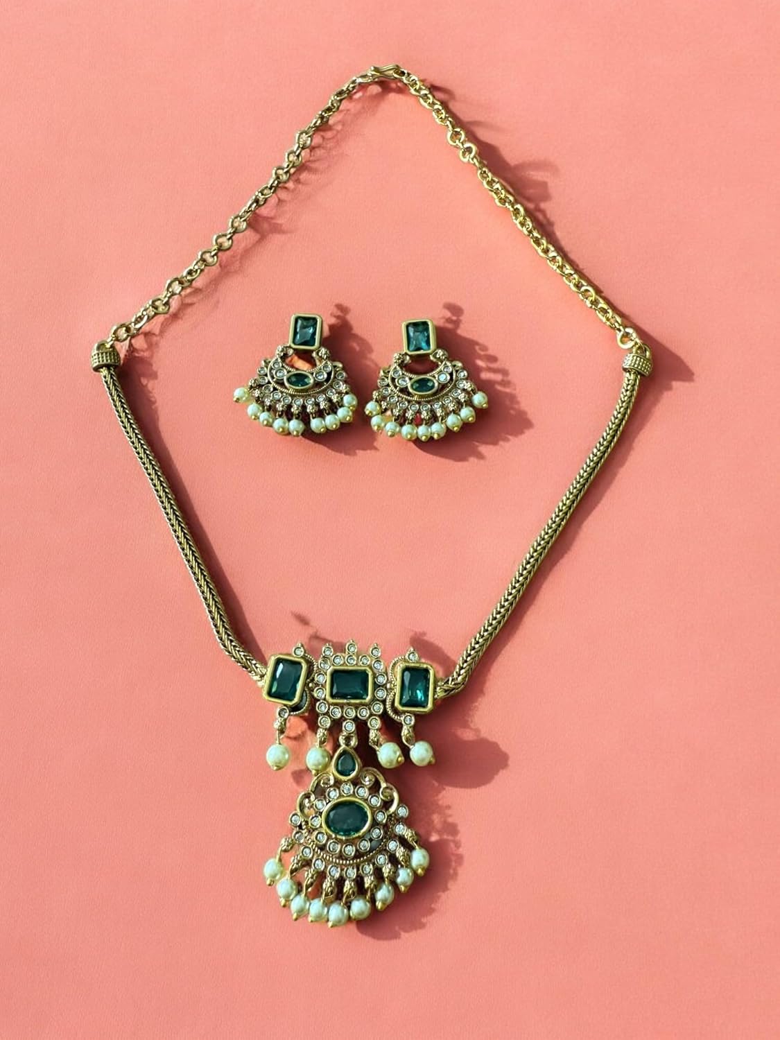 Rebekah Gold Plated Green Cubic Zircon Studded Jewellery Set