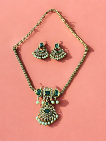 Rebekah Gold Plated Green Cubic Zircon Studded Jewellery Set