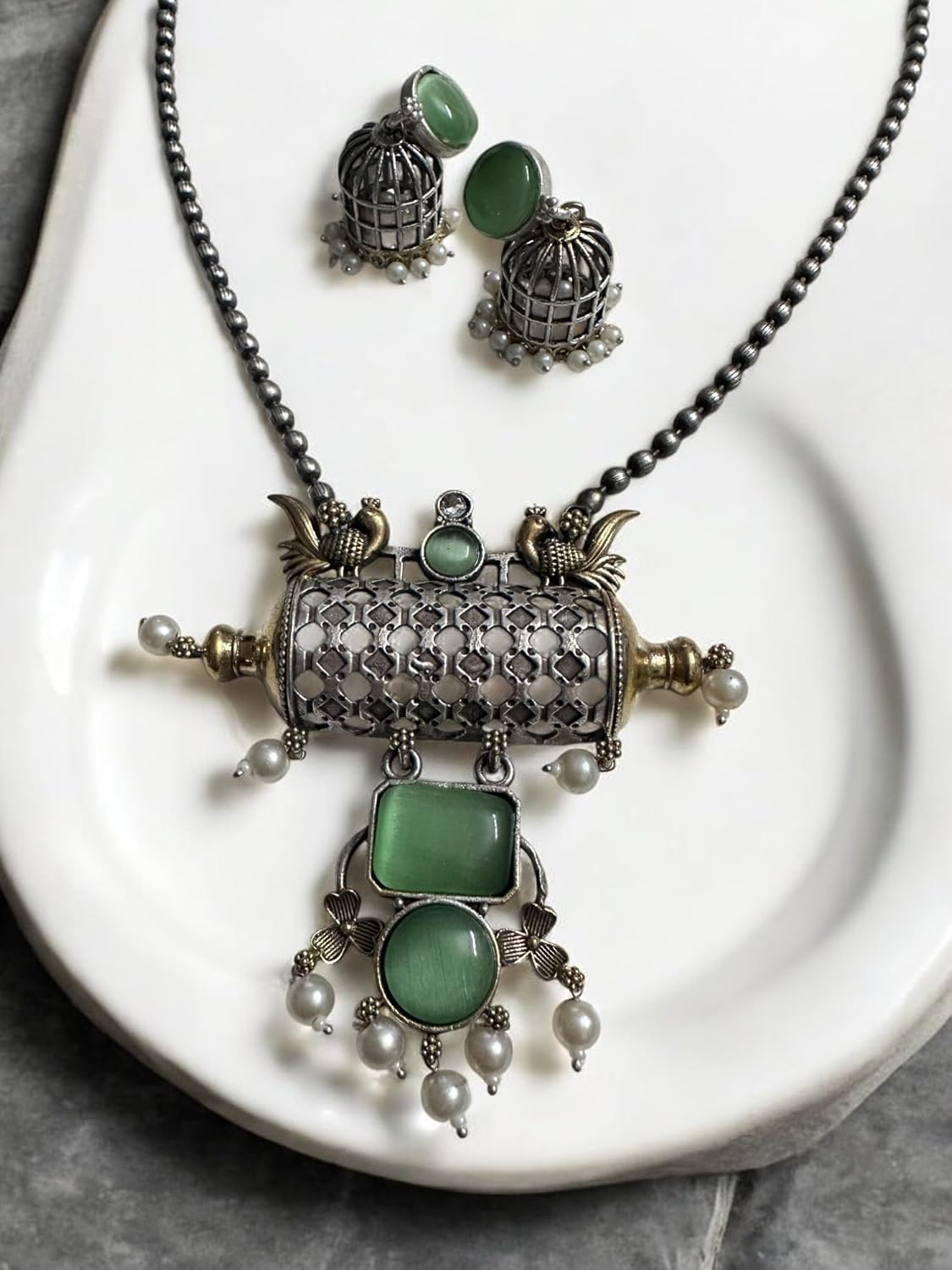 Vintage Style Pendant Necklace Set with Green Stones, Pearl Beads, Antique Metal Cage Design, Matching Jhumka Earrings