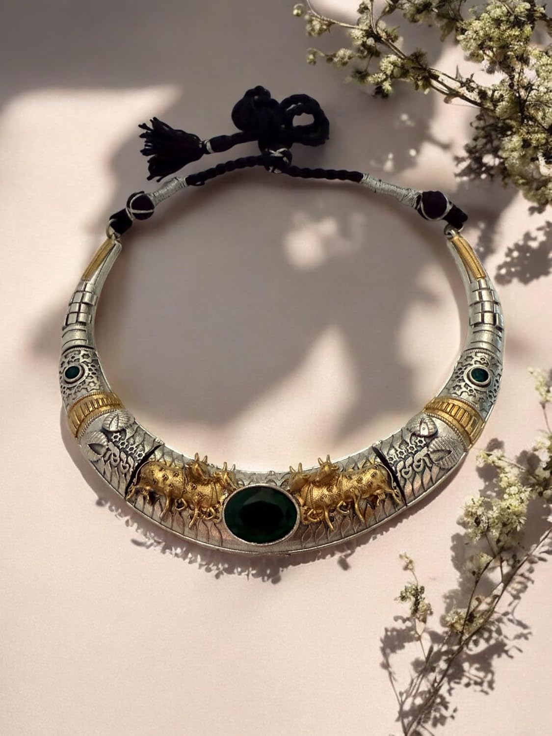 Rebekah Swarna Vahan Tribal Torque Oxidized Necklace with Bull Motif