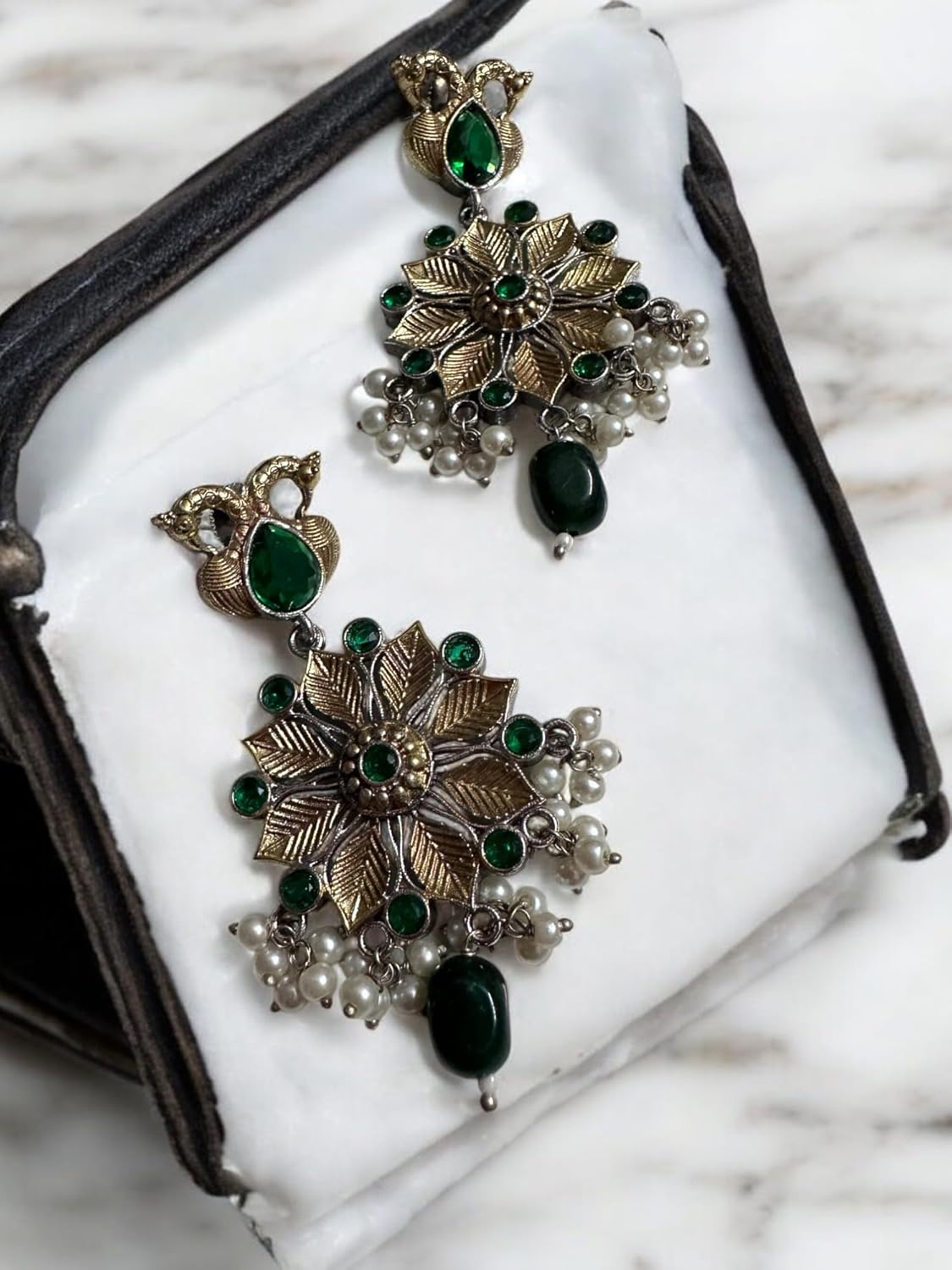 Antique Style Pendant Necklace and Earring Set, Green Gemstones, Dual-Tone Metal with Pearl Accents