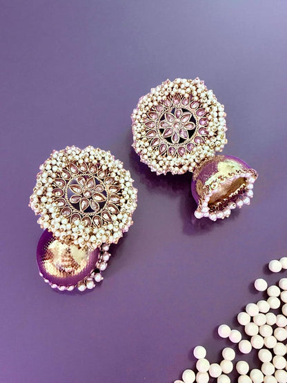 Floral Kundan Round Jhumka Earrings with Pearl Detailing