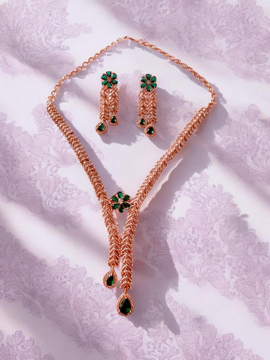 Rebekah Gold-Plated CZ Necklace Set with Floral Green Accents and Tear-Drop Danglers