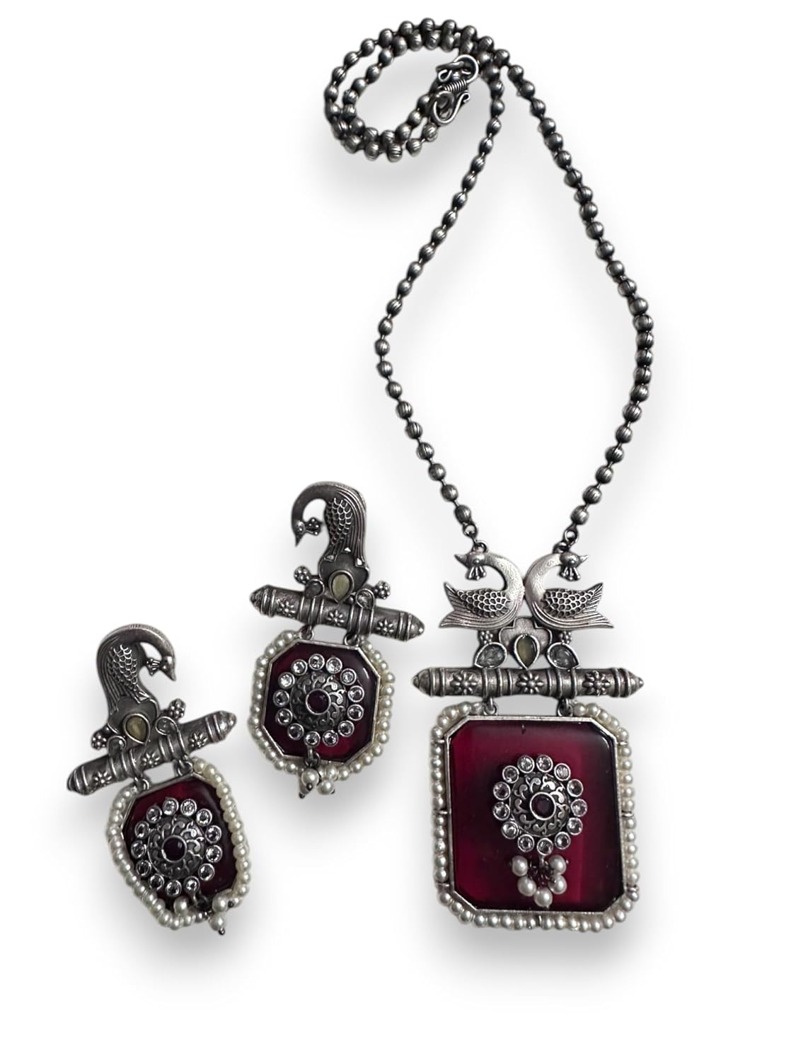 Vintage Style Peacock Pendant Necklace Set, Oxidised Silver, Burgundy Glass, Pearl Beading