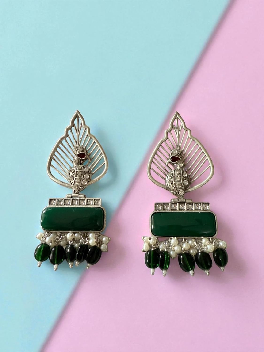 Silver Leaf & Green Gem Danglers