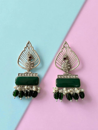 Silver Leaf & Green Gem Danglers