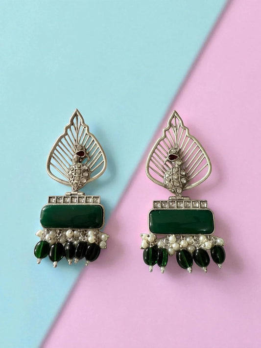 Silver Leaf & Green Gem Danglers