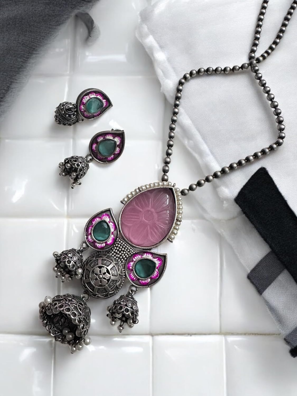 Vintage Style Pendant Necklace Set with Pink Stone and Green Accents, Oxidised Silver Jhumka Earrings, Antique Finish