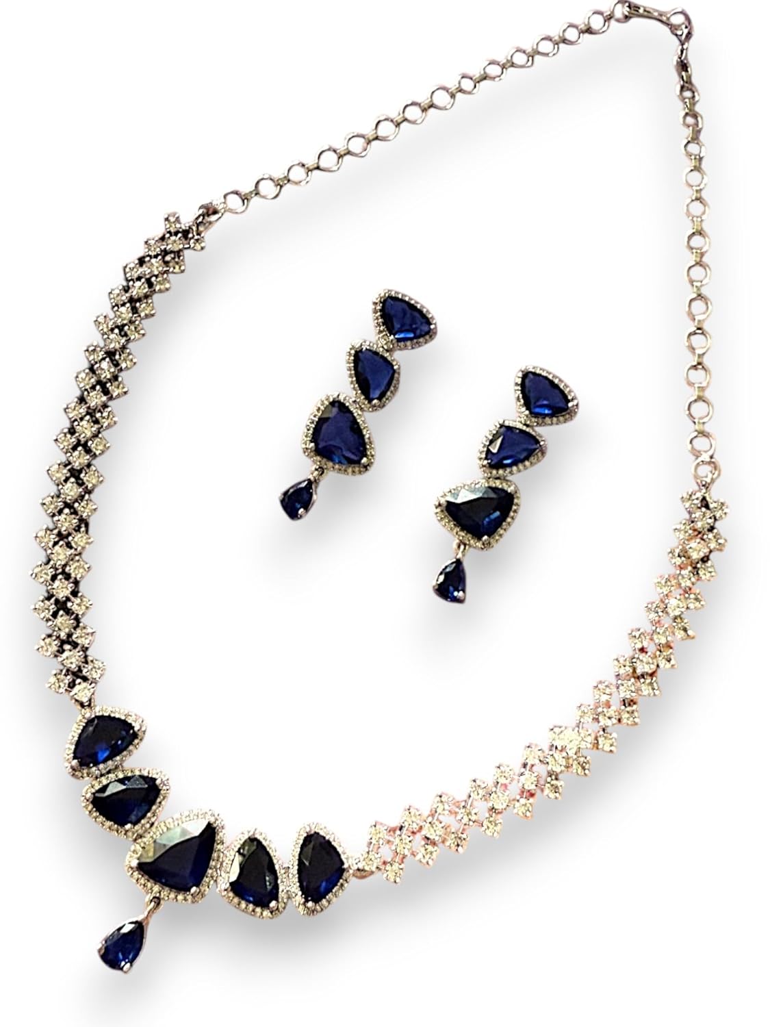 Rebekah Rhodium Plated Blue Cubic Zircon Studded Necklace Set