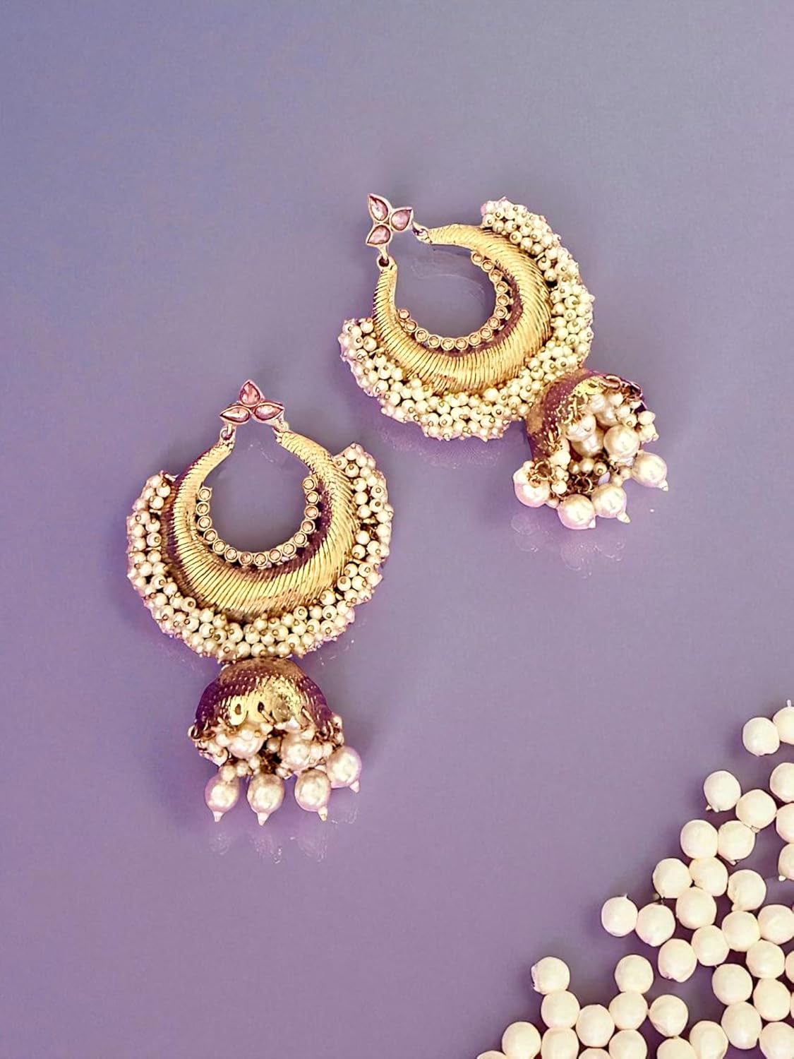 Golden Crescent Pearl Jhumka Earrings