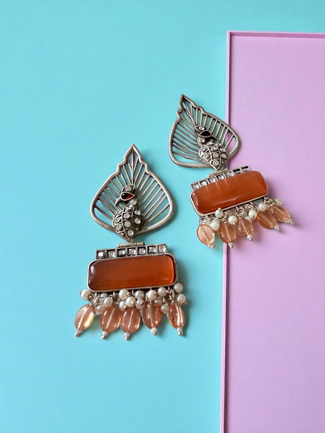 Silver Leaf & Orange Gem Danglers