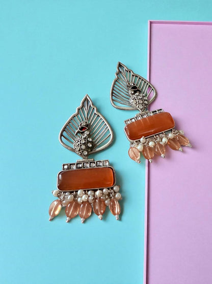 Silver Leaf & Orange Gem Danglers
