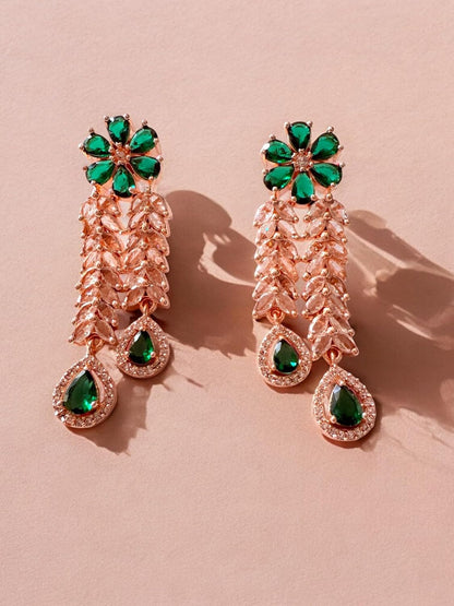 Rebekah Gold-Plated CZ Necklace Set with Floral Green Accents and Tear-Drop Danglers