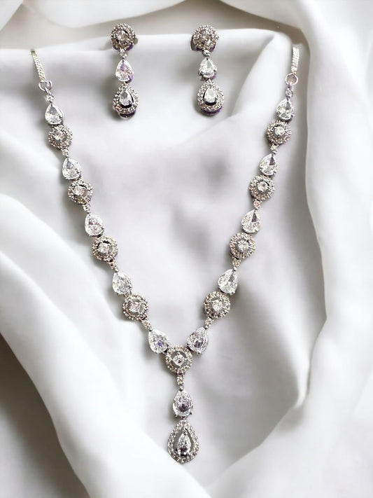 Crystal Bridal Jewelry Sets for Women, Earrings and Necklace Set, Silver