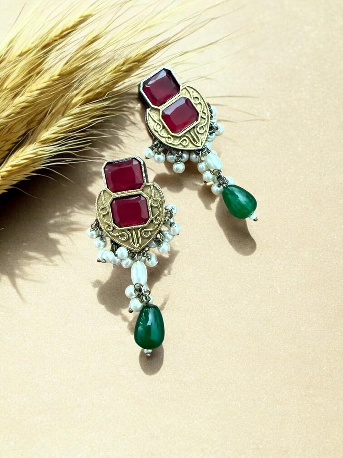 Peacock Elegance Oxidized Necklace Set with Ruby and Emerald Accents