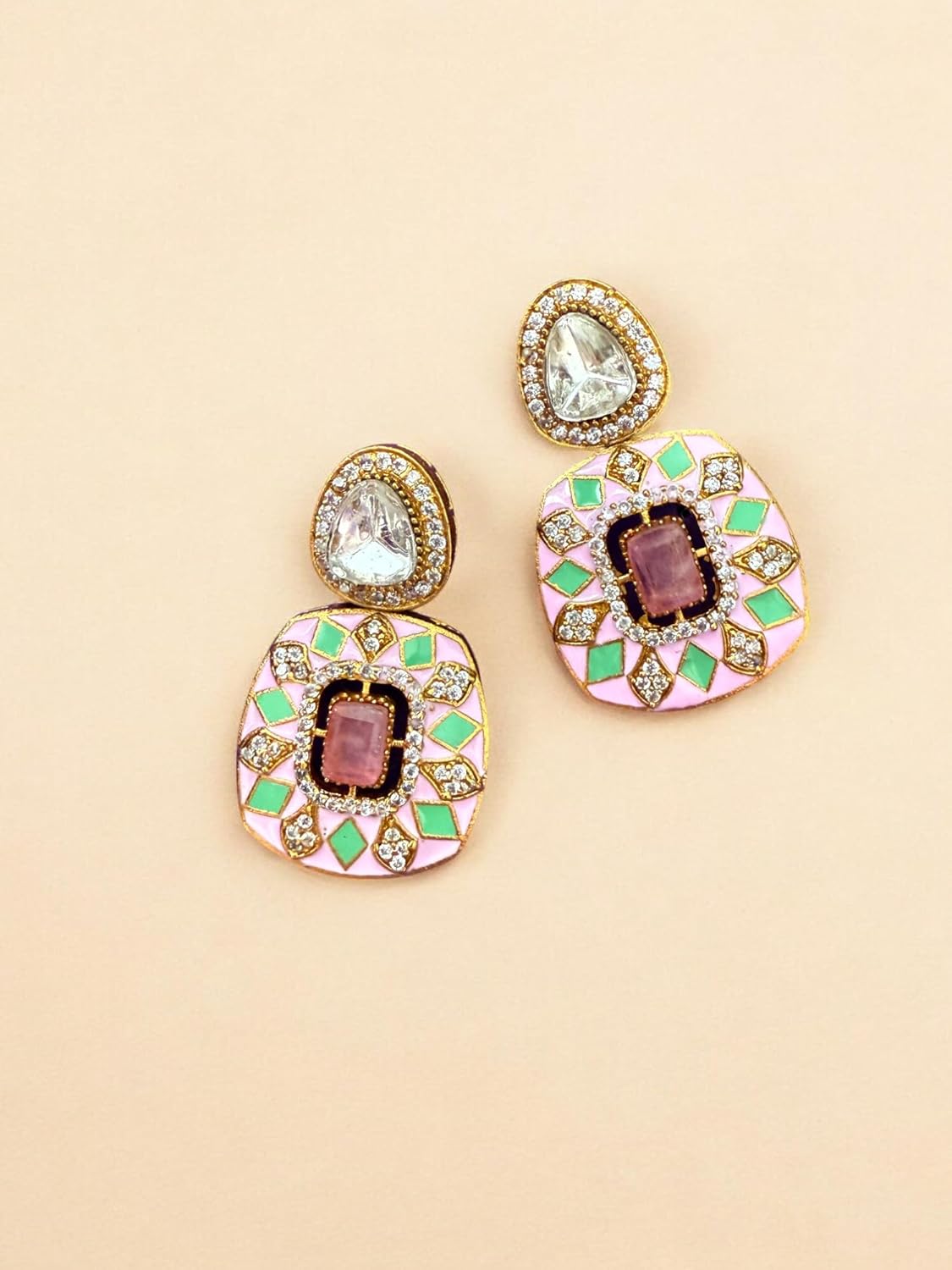 Pastel Pink Majesty Meenakari Long Pendant Set