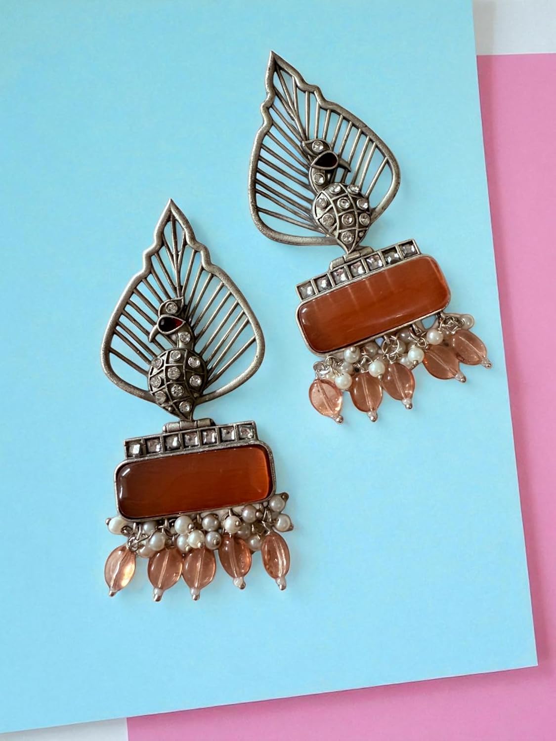 Silver Leaf & Orange Gem Danglers
