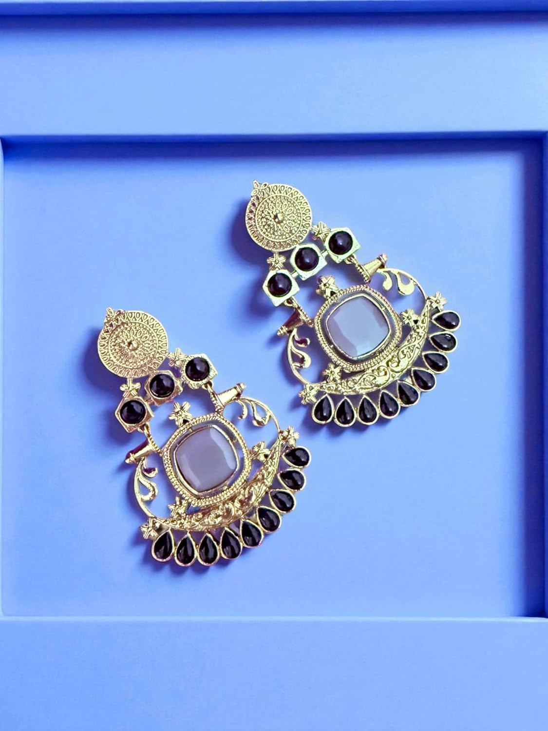 Designer Black Chandbali Earrings with Antique Gold Finish