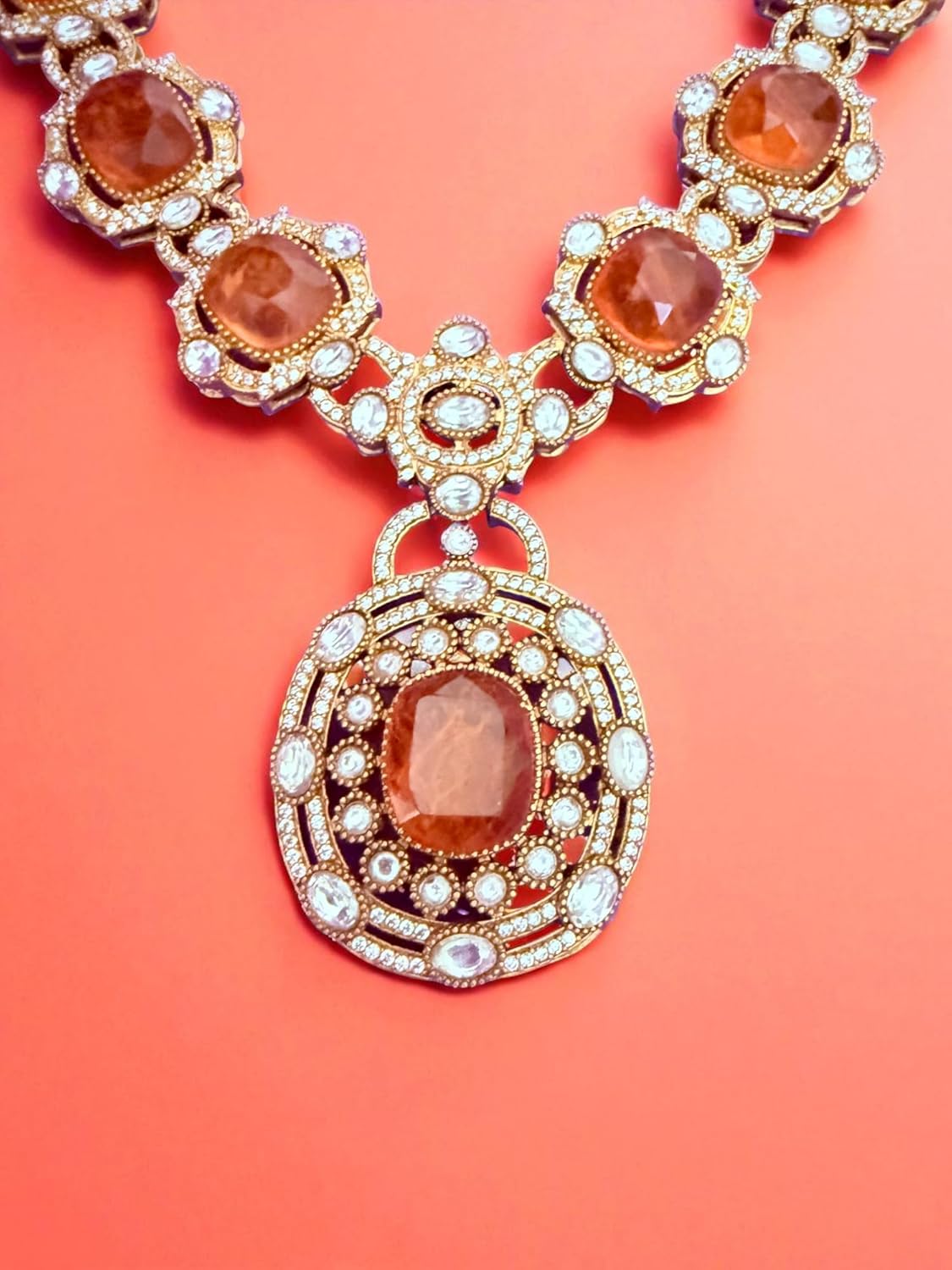 Rebekah Heritage Kundan Statement Necklace Set with Orange Hydro & Pearls