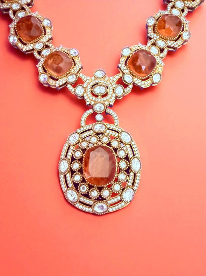 Rebekah Heritage Kundan Statement Necklace Set with Orange Hydro & Pearls