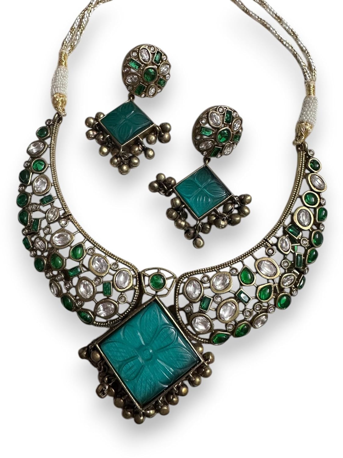 Vintage Style Necklace and Earring Set, Carved Turquoise Square Pendant, Crystal and Emerald Green Stones, Antique Bronze