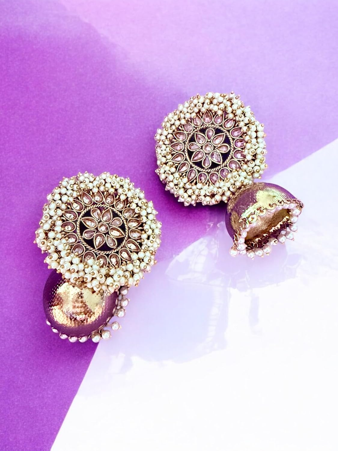 Floral Kundan Round Jhumka Earrings with Pearl Detailing
