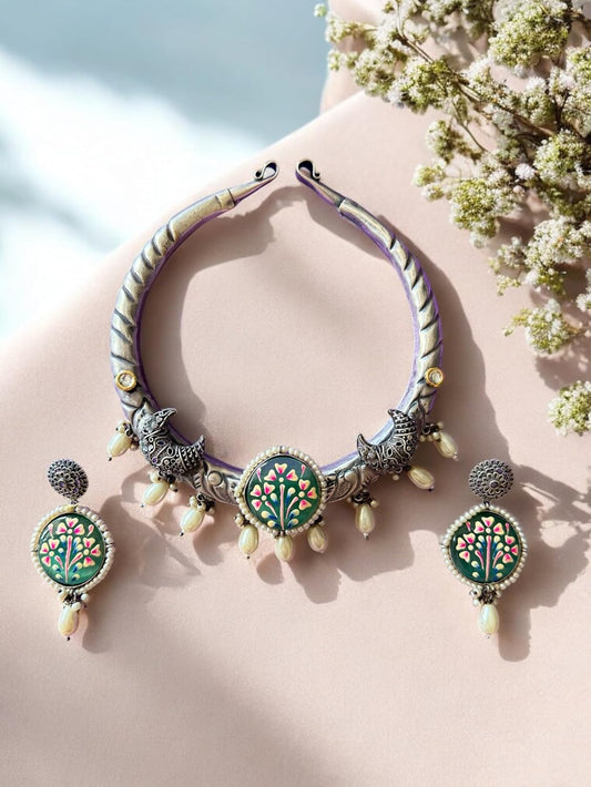 Rebekah Handpainted Handpainted Kalakaari Oxidized Necklace Set