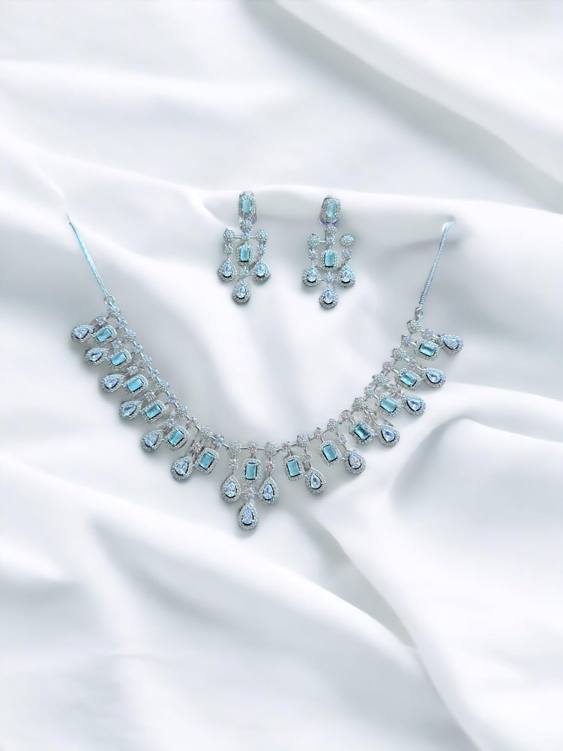 Elegant Aquamarine Gemstone Necklace Set, Rhodium Plated