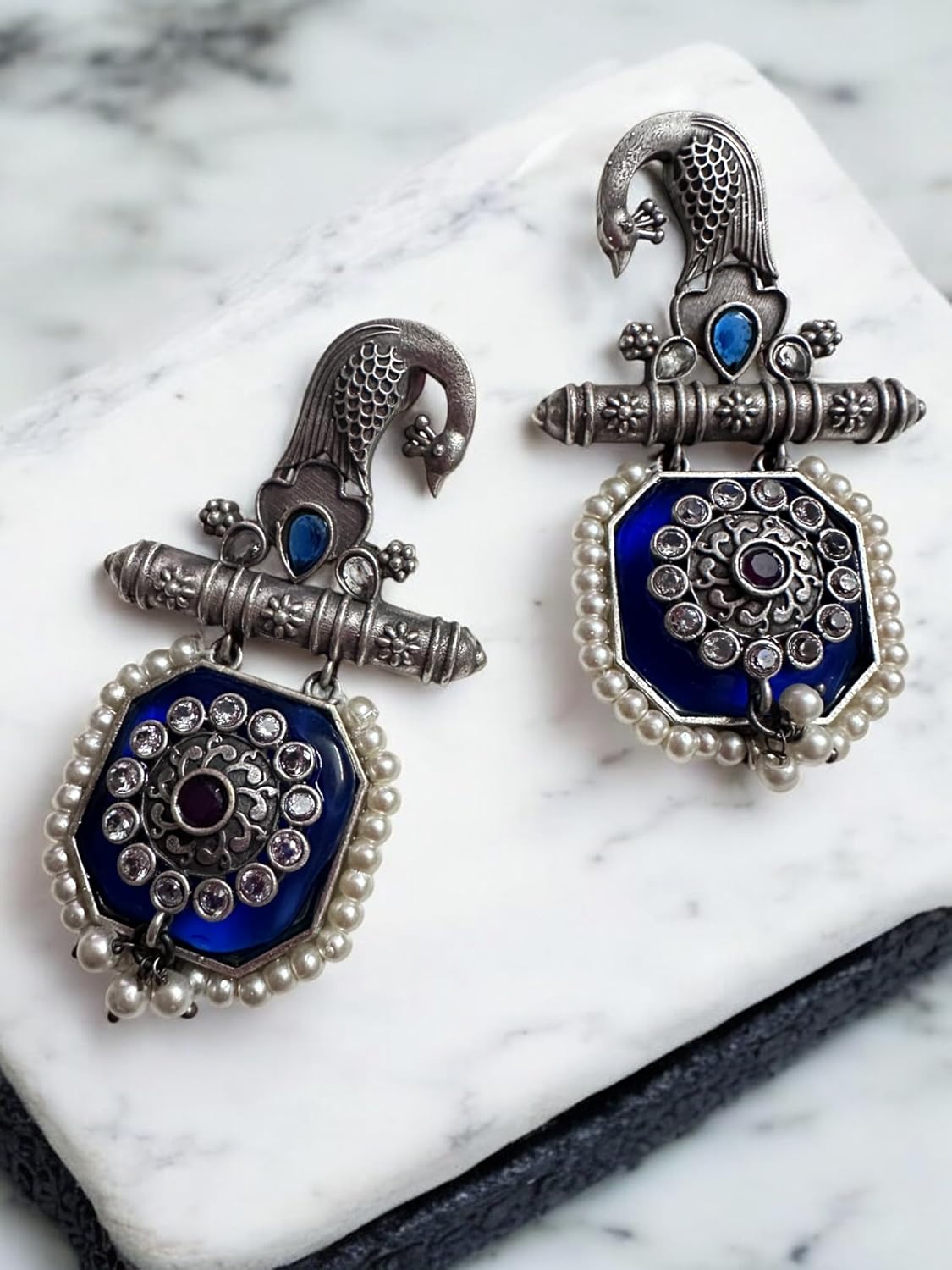 Vintage Style Peacock Jewelry Set with Blue Enamel, Pearl and Crystal Pendant Necklace and Earrings,