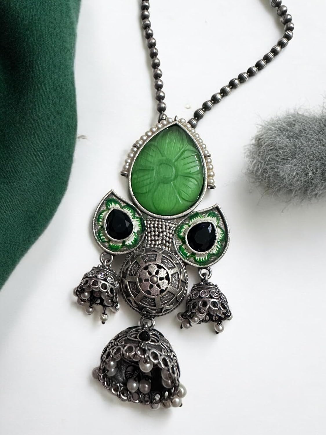 Vintage Style Oxidized Silver Necklace and Earring Set with Green Glass Pendant, Jhumka Danglers