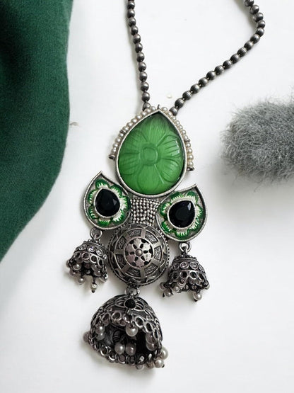 Vintage Style Oxidized Silver Necklace and Earring Set with Green Glass Pendant, Jhumka Danglers
