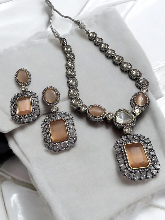 Vintage Style Crystal Necklace and Earrings Set, Peach Stone, Silver-Tone Metal, Rhinestone Embellished