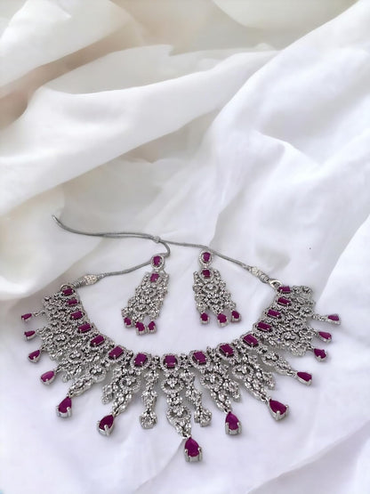 Pink Stone Jewelry Set for Women, Neckpiece with Drop Earrings, Encrusted Stones