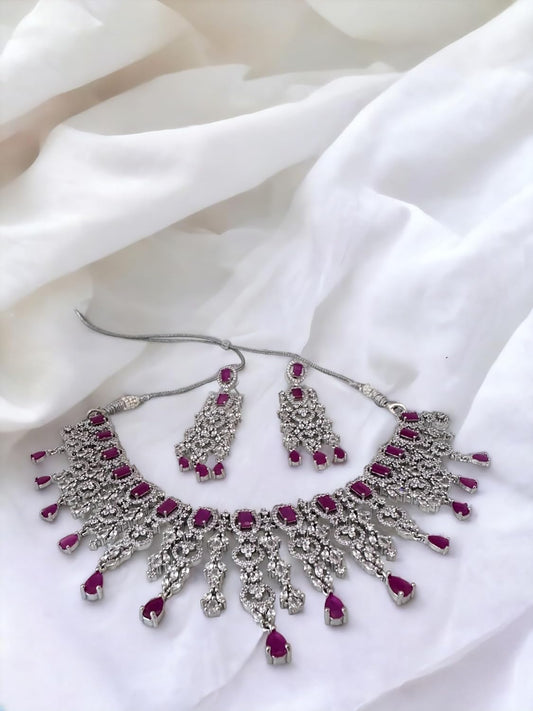 Pink Stone Jewelry Set for Women, Neckpiece with Drop Earrings, Encrusted Stones