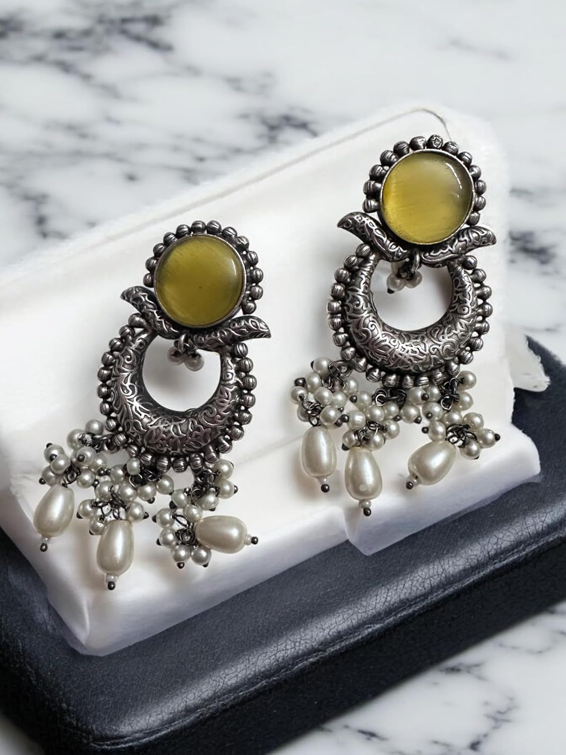 Oxidised Silver Crescent Pendant Necklace and Earring Set with Yellow Stone and Pearl Drops, Traditional Ethnic Design