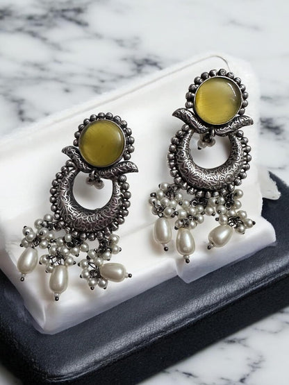 Oxidised Silver Crescent Pendant Necklace and Earring Set with Yellow Stone and Pearl Drops, Traditional Ethnic Design